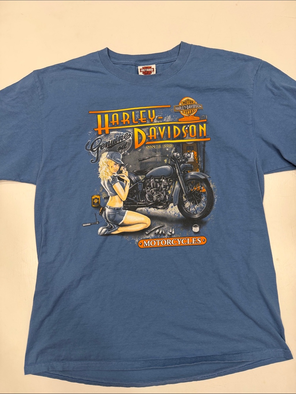Harley-Davidson Blue Short Sleeve Graphic Tee with Yellow & Orange Accents